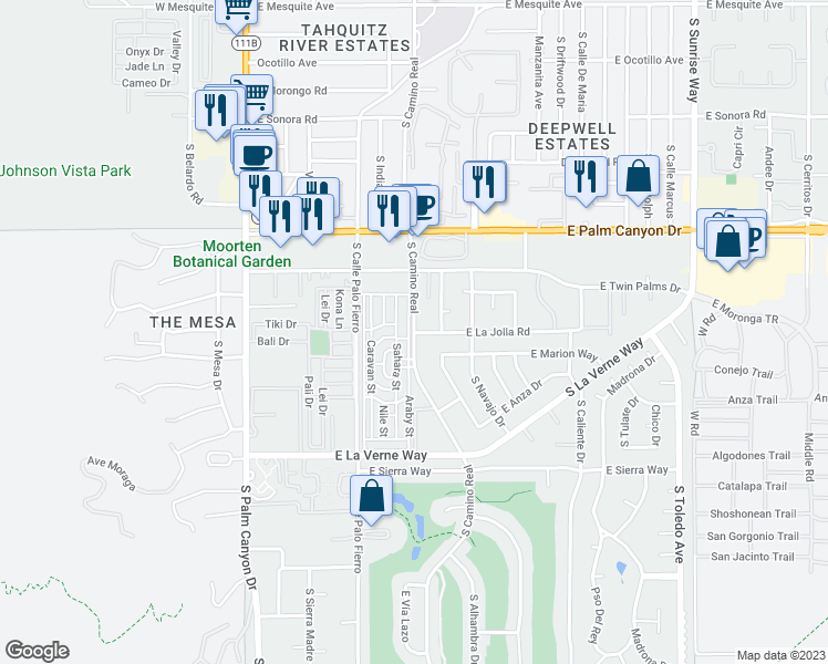 map of restaurants, bars, coffee shops, grocery stores, and more near 900 East La Jolla Road in Palm Springs