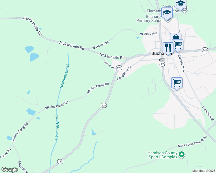 map of restaurants, bars, coffee shops, grocery stores, and more near 511 Wesley Camp Road in Tallapoosa