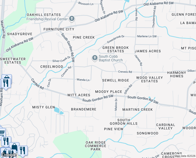 map of restaurants, bars, coffee shops, grocery stores, and more near 6416 Sherwood Trail in Austell
