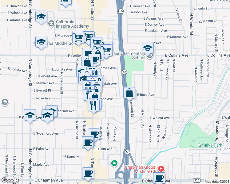 map of restaurants, bars, coffee shops, grocery stores, and more near 1855 East Rose Avenue in Orange