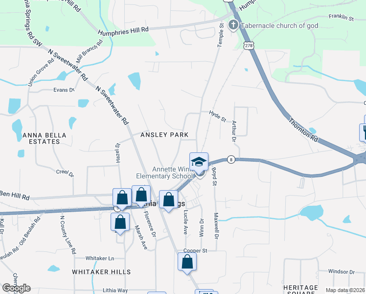 map of restaurants, bars, coffee shops, grocery stores, and more near 6440 Gordon Street in Lithia Springs