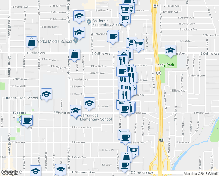 map of restaurants, bars, coffee shops, grocery stores, and more near 1420 East Everett Place in Orange