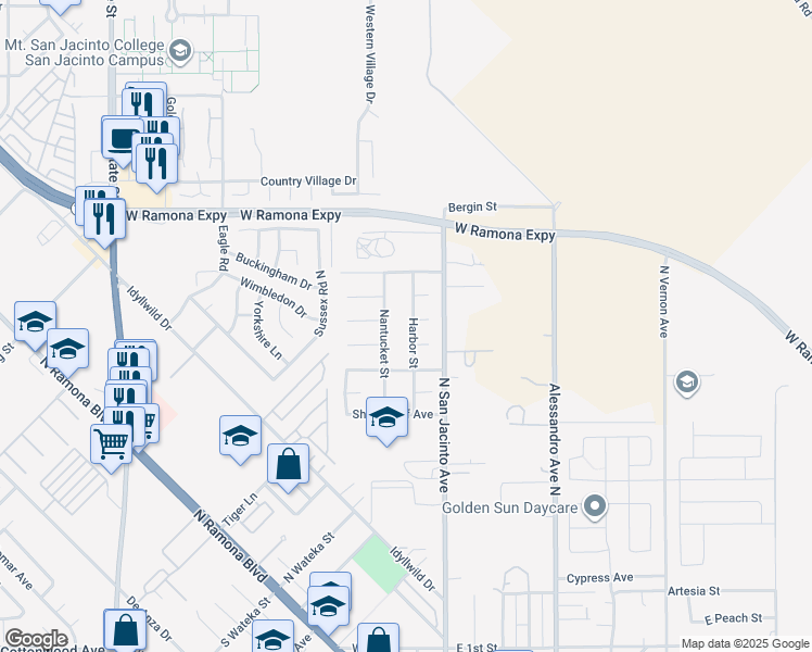 map of restaurants, bars, coffee shops, grocery stores, and more near 852 Harbor Street in San Jacinto