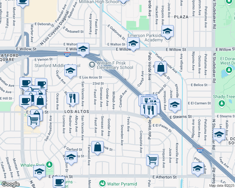 map of restaurants, bars, coffee shops, grocery stores, and more near 2260 Tevis Avenue in Long Beach