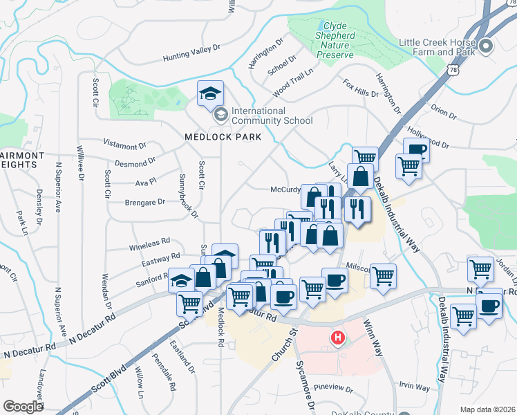 map of restaurants, bars, coffee shops, grocery stores, and more near 1415 Tuxworth Circle in Decatur