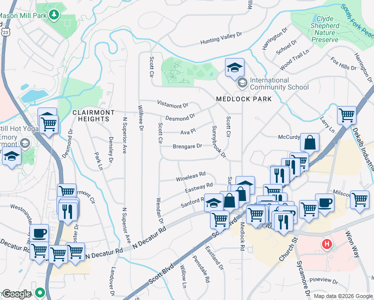 map of restaurants, bars, coffee shops, grocery stores, and more near 2305 Brengare Drive in Decatur