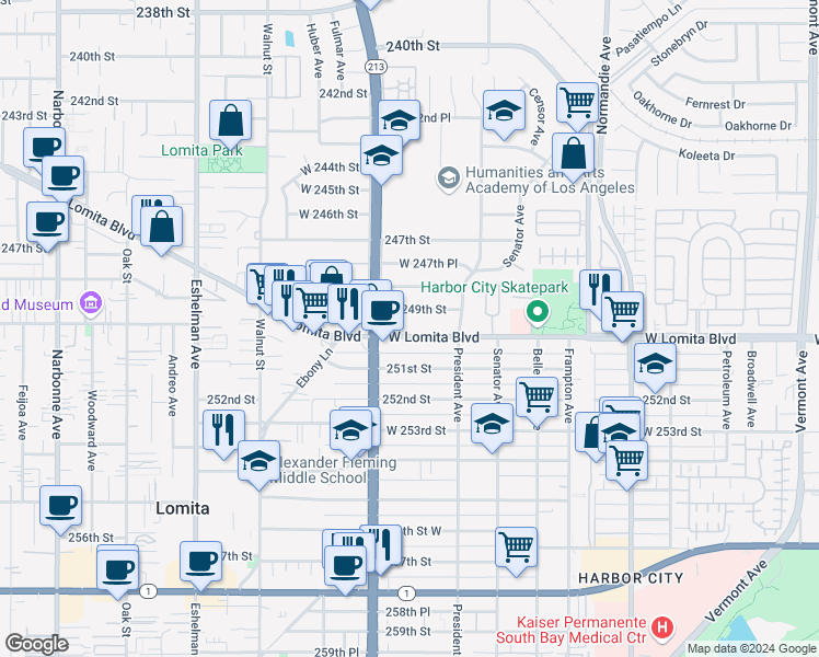 map of restaurants, bars, coffee shops, grocery stores, and more near 1631 Lomita Boulevard in Los Angeles
