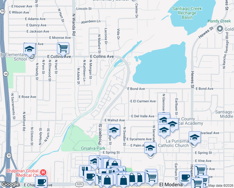 map of restaurants, bars, coffee shops, grocery stores, and more near 3445 East White Chapel Court in Orange