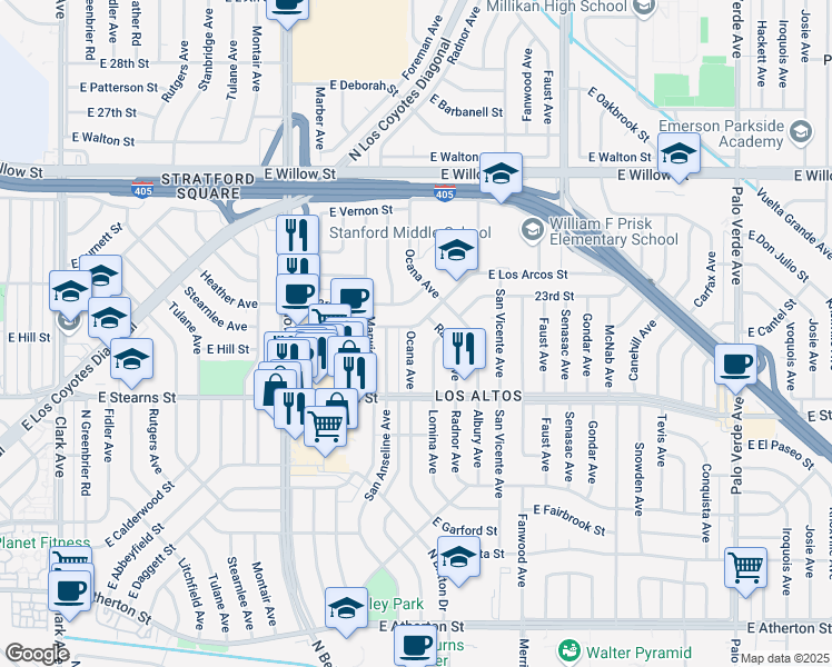 map of restaurants, bars, coffee shops, grocery stores, and more near 2266 Ocana Avenue in Long Beach