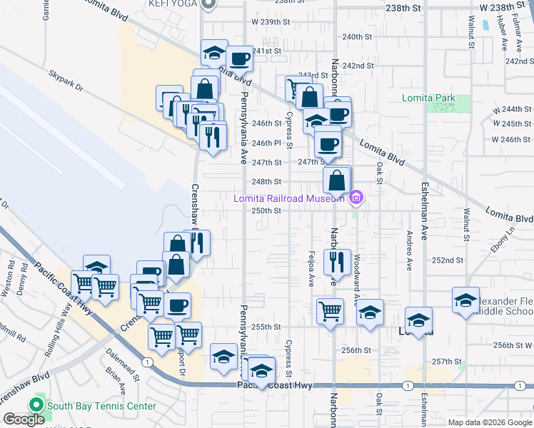 map of restaurants, bars, coffee shops, grocery stores, and more near 2350 250th Street in Lomita