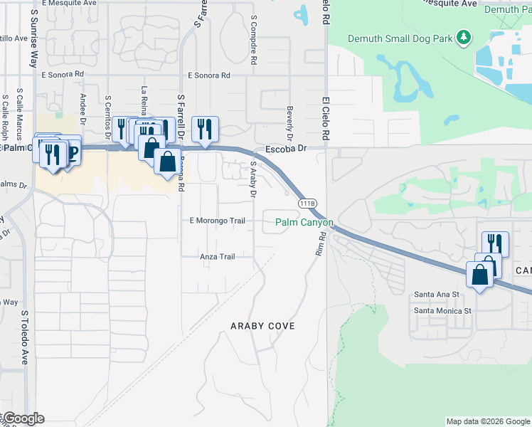 map of restaurants, bars, coffee shops, grocery stores, and more near 2923 Candle Light Lane in Palm Springs