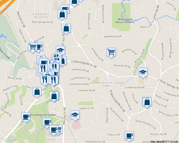 map of restaurants, bars, coffee shops, grocery stores, and more near 756 Sherwood Road Northeast in Atlanta