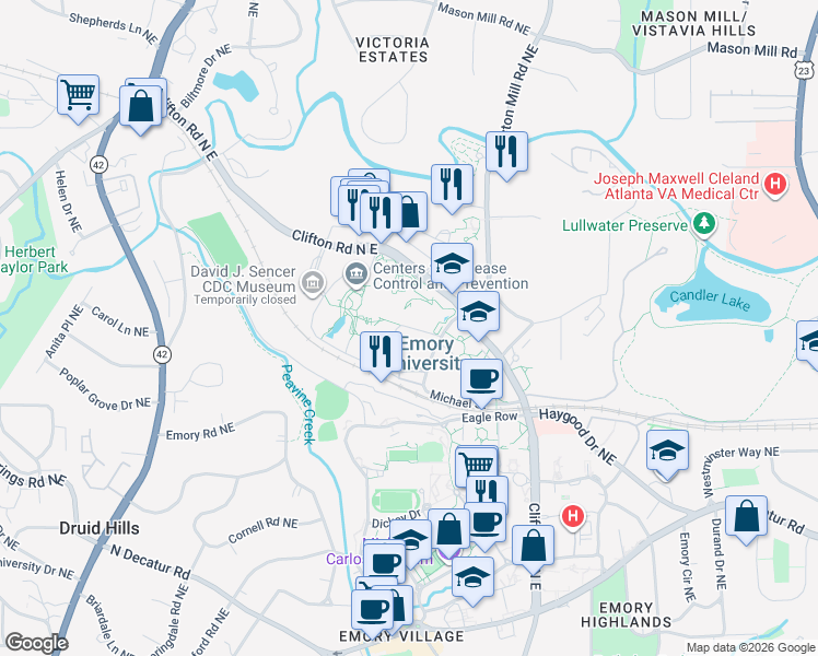 map of restaurants, bars, coffee shops, grocery stores, and more near in Atlanta