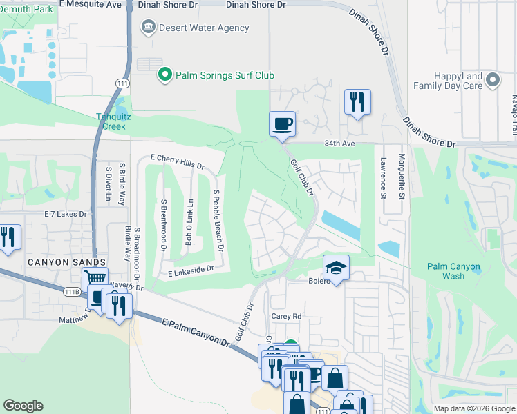 map of restaurants, bars, coffee shops, grocery stores, and more near 2225 Los Patos Drive in Palm Springs