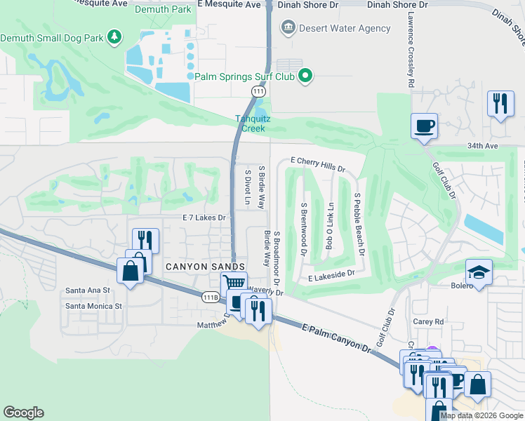 map of restaurants, bars, coffee shops, grocery stores, and more near 2177 South Broadmoor Drive in Palm Springs