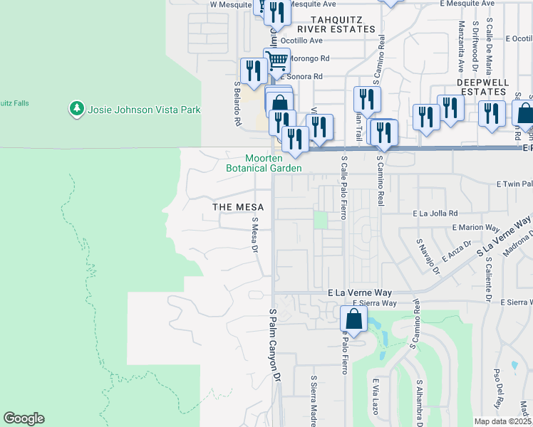 map of restaurants, bars, coffee shops, grocery stores, and more near 16 Tiki Drive in Palm Springs