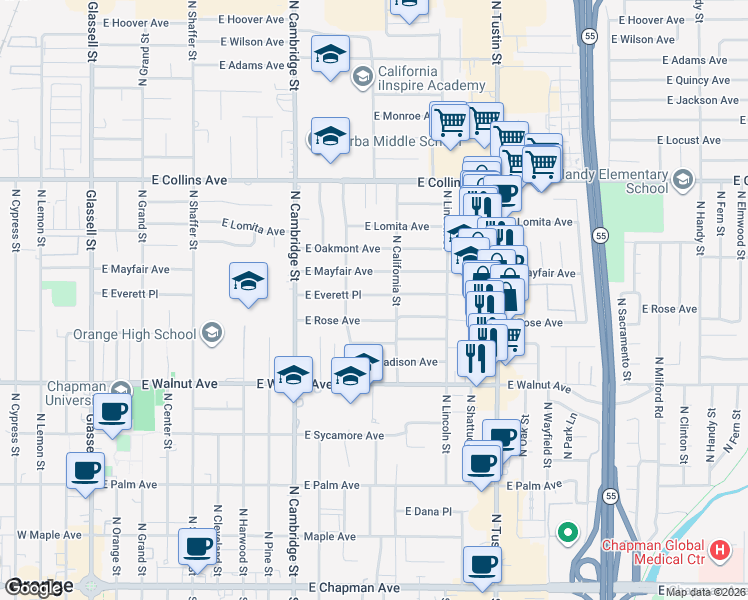 map of restaurants, bars, coffee shops, grocery stores, and more near 1124 East Everett Place in Orange