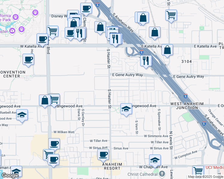 map of restaurants, bars, coffee shops, grocery stores, and more near 2040 South Haster Street in Anaheim