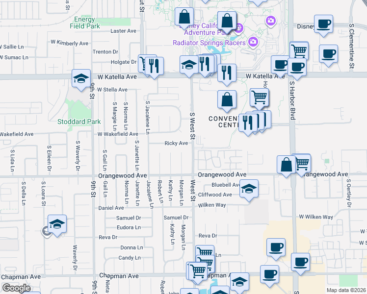 map of restaurants, bars, coffee shops, grocery stores, and more near 11972 Ricky Avenue in Garden Grove