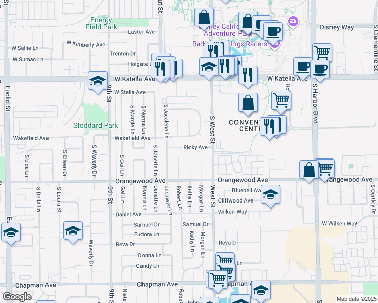 map of restaurants, bars, coffee shops, grocery stores, and more near 11892 Ricky Avenue in Garden Grove