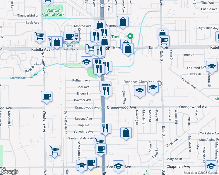map of restaurants, bars, coffee shops, grocery stores, and more near 11341 Castello in Stanton