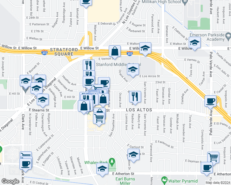 map of restaurants, bars, coffee shops, grocery stores, and more near 2266 Ocana Avenue in Long Beach