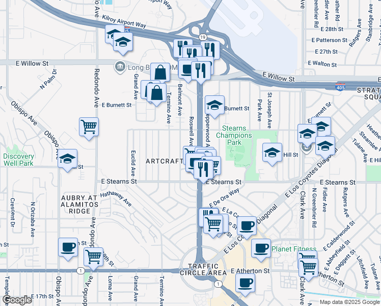 map of restaurants, bars, coffee shops, grocery stores, and more near 2254 Roswell Avenue in Long Beach