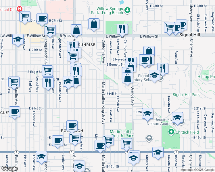 map of restaurants, bars, coffee shops, grocery stores, and more near 2250 Martin Luther King Junior Avenue in Long Beach