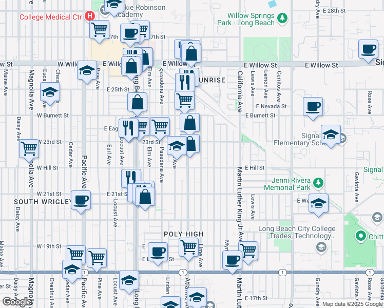 map of restaurants, bars, coffee shops, grocery stores, and more near 2240 Atlantic Avenue in Long Beach