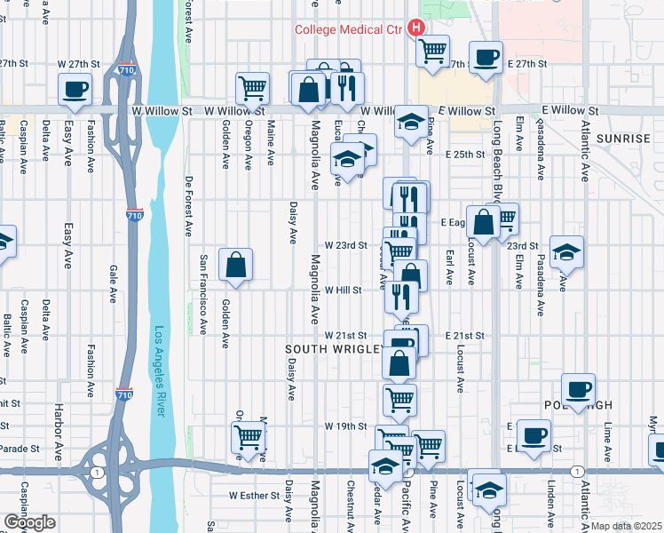 map of restaurants, bars, coffee shops, grocery stores, and more near 2241 Eucalyptus Avenue in Long Beach
