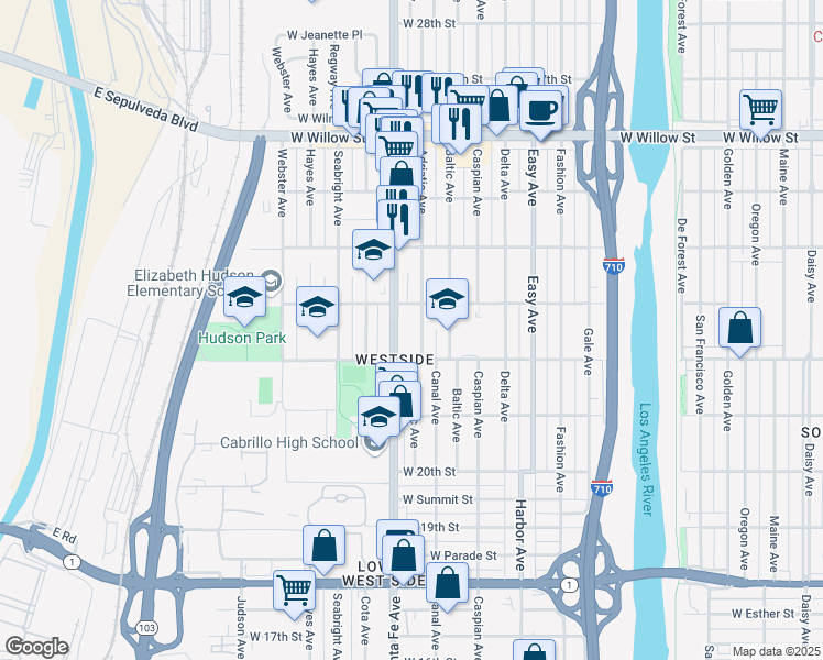 map of restaurants, bars, coffee shops, grocery stores, and more near 2236 Santa Fe Avenue in Long Beach