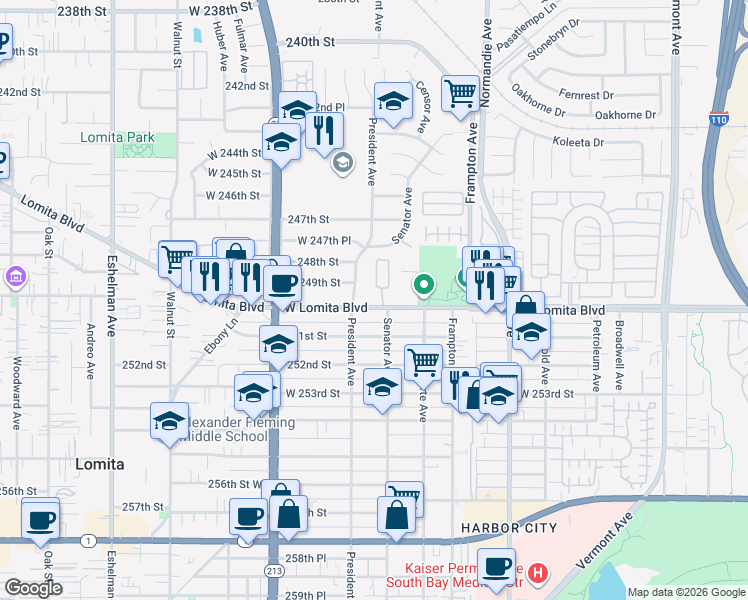map of restaurants, bars, coffee shops, grocery stores, and more near 1535 Lomita Boulevard in Los Angeles