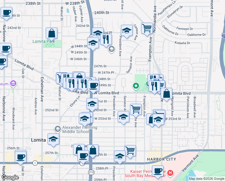 map of restaurants, bars, coffee shops, grocery stores, and more near 1601 West Lomita Boulevard in Los Angeles