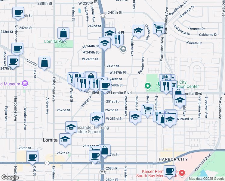map of restaurants, bars, coffee shops, grocery stores, and more near 24930 California 213 in Los Angeles