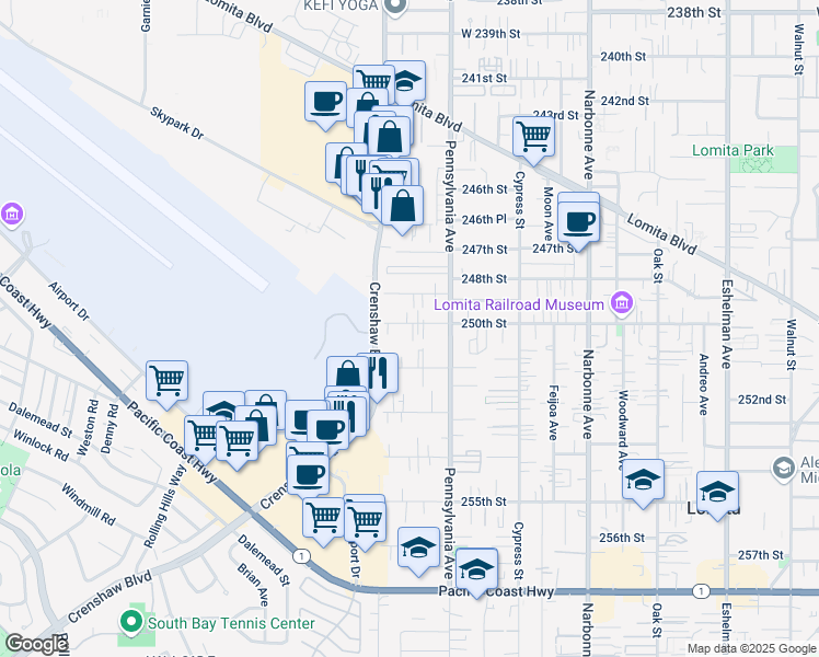 map of restaurants, bars, coffee shops, grocery stores, and more near 2456 250th Street in Lomita