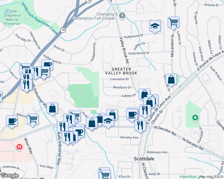 map of restaurants, bars, coffee shops, grocery stores, and more near 2949 Westbury Drive in Decatur