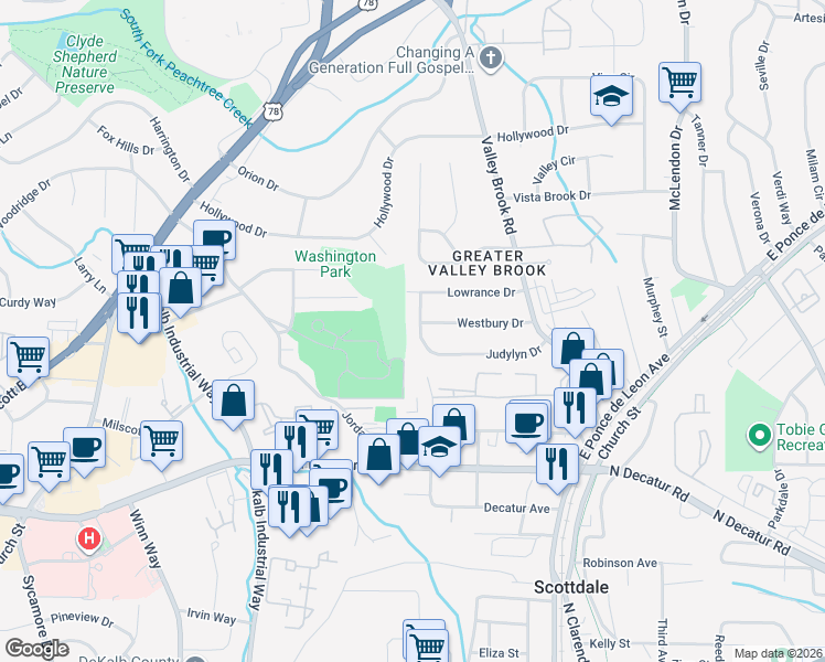 map of restaurants, bars, coffee shops, grocery stores, and more near 706 Cool Hollow Drive in Decatur