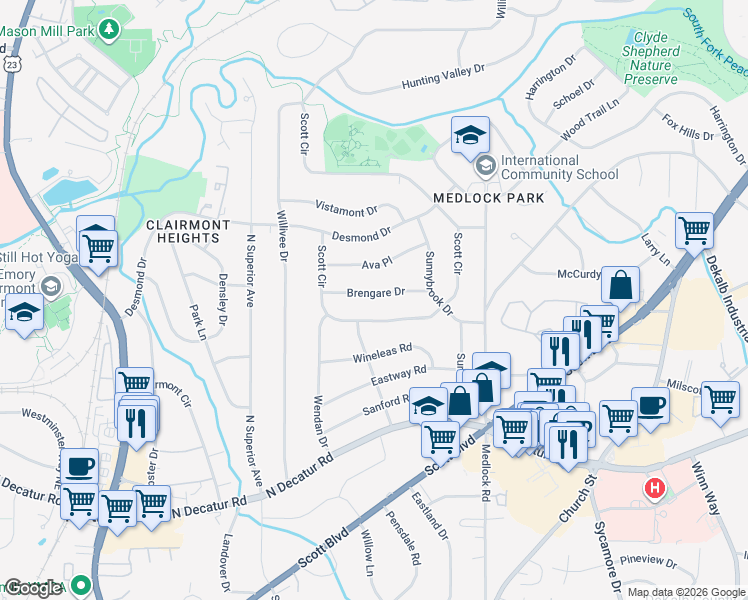 map of restaurants, bars, coffee shops, grocery stores, and more near 2305 Brengare Drive in Decatur