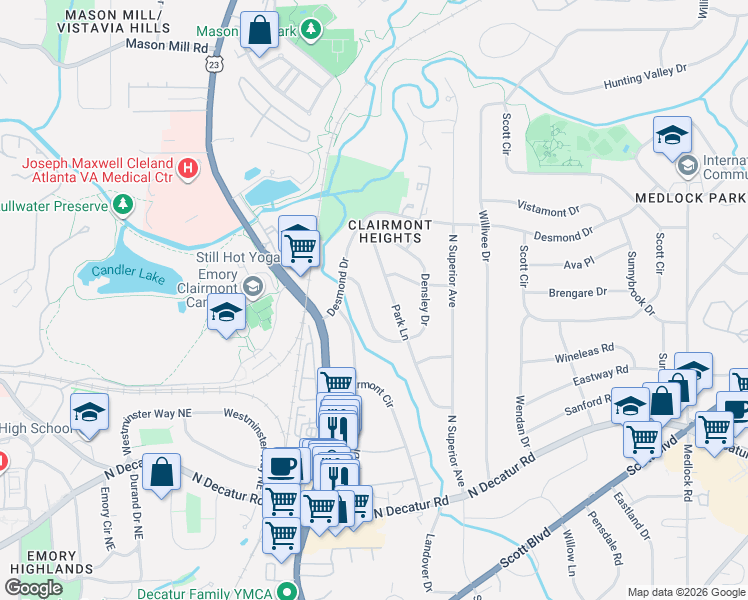 map of restaurants, bars, coffee shops, grocery stores, and more near 724 Park Lane in Decatur