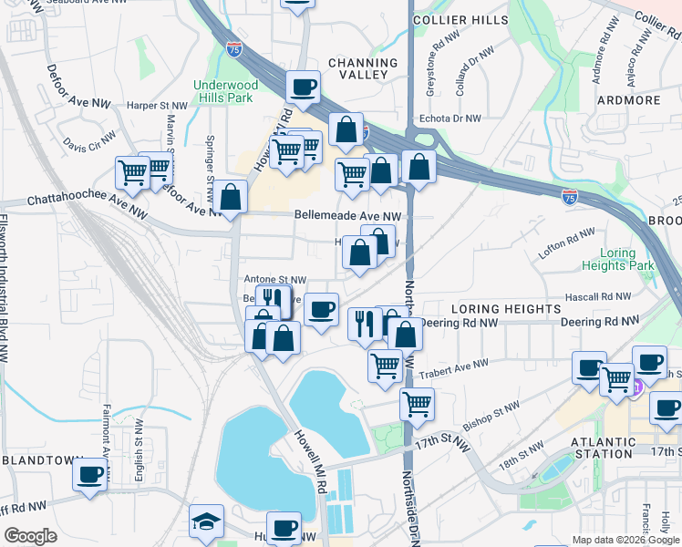 map of restaurants, bars, coffee shops, grocery stores, and more near 701 Antone Street Northwest in Atlanta