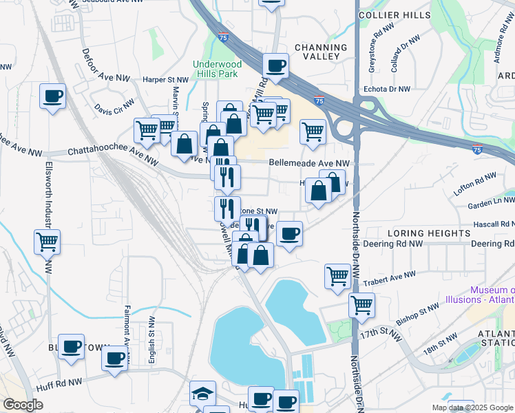 map of restaurants, bars, coffee shops, grocery stores, and more near 777 Antone Street Northwest in Atlanta