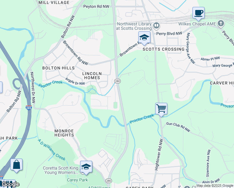 map of restaurants, bars, coffee shops, grocery stores, and more near 1637 Jackson Way in Atlanta