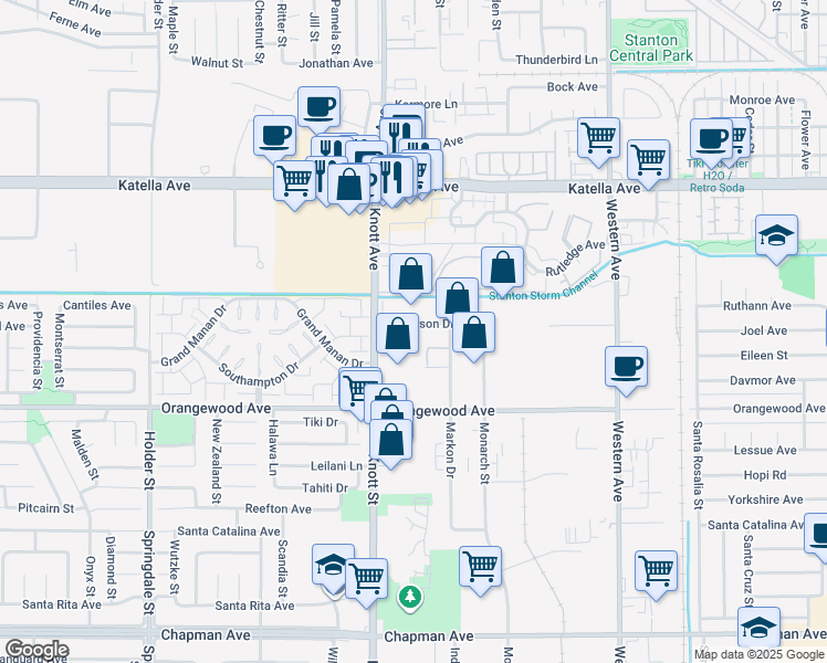 map of restaurants, bars, coffee shops, grocery stores, and more near 7070 Patterson Drive in Garden Grove