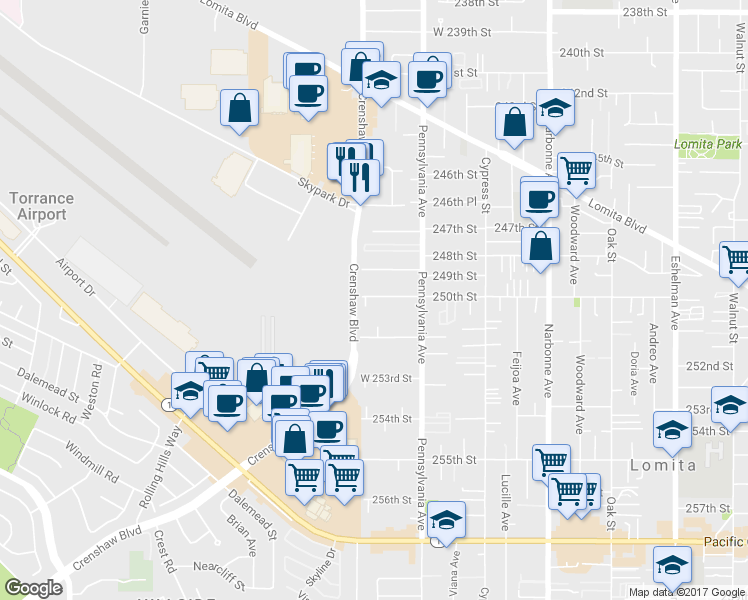 map of restaurants, bars, coffee shops, grocery stores, and more near 2456 250th Street in Lomita