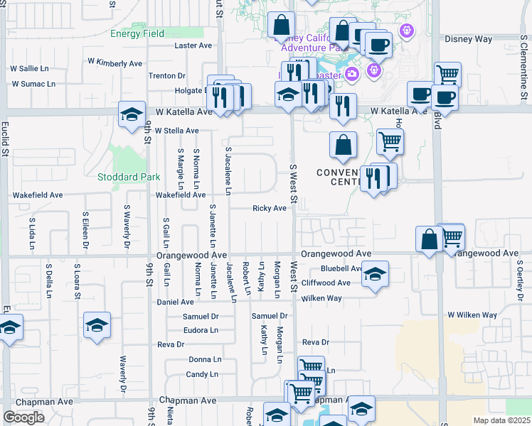 map of restaurants, bars, coffee shops, grocery stores, and more near 11892 Ricky Avenue in Garden Grove