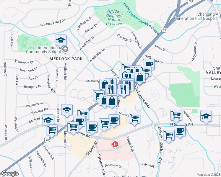 map of restaurants, bars, coffee shops, grocery stores, and more near 1708 Scott Boulevard in Decatur