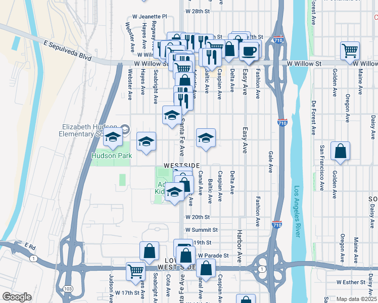 map of restaurants, bars, coffee shops, grocery stores, and more near 2240 Santa Fe Avenue in Long Beach