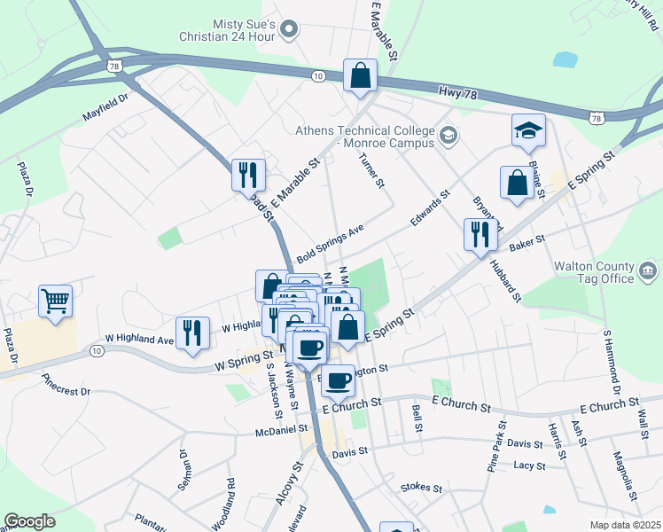 map of restaurants, bars, coffee shops, grocery stores, and more near 26 Edwards Street in Monroe
