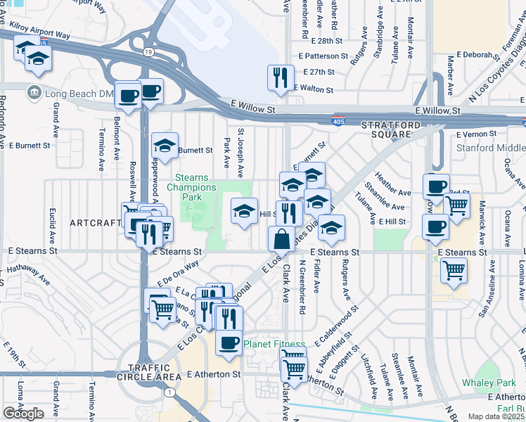 map of restaurants, bars, coffee shops, grocery stores, and more near 2247 Granada Avenue in Long Beach