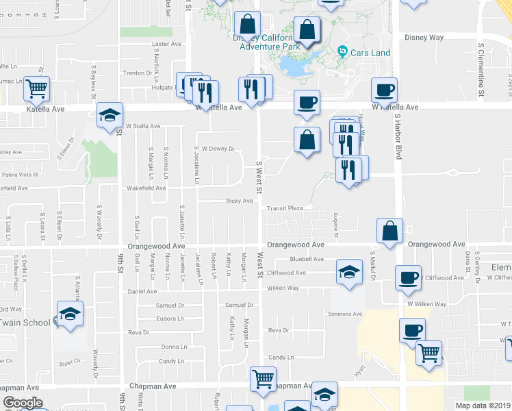 map of restaurants, bars, coffee shops, grocery stores, and more near 11972 Ricky Avenue in Garden Grove